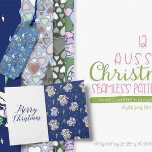 Conjunto de 12 lindos padrões sem costura de Natal australiano para download instantâneo, padrões de animais australianos, impressão digital de coala, papéis de natal