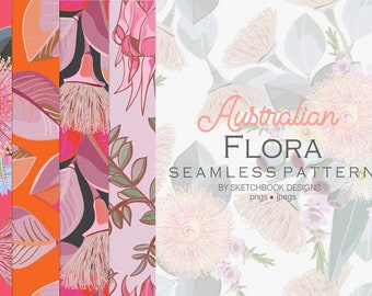 May include: A set of five seamless patterns featuring pink and green Australian flora, including gum blossoms and leaves. The patterns are on a white background and are labeled "Australian Flora Seamless Patterns by Sketchbook Designs pngs + jpegs".