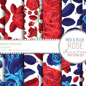 Red and Blue Vintage Rose Flowers Seamless Patterns - DIY Printables, Digital papers, Instant Download