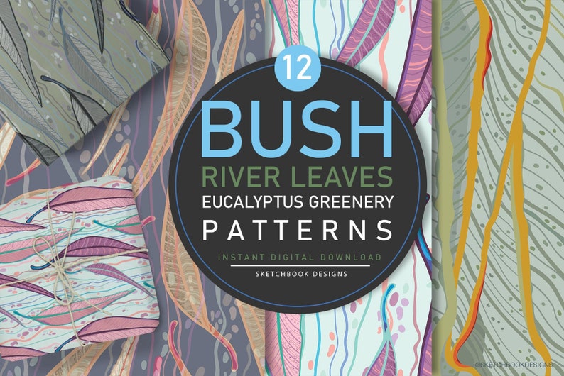 Bush River Leaves Eucalyptus Digital Seamless Pattern Set Instant Download Australian Native Flower patterns printables, Digital Greenery image 1