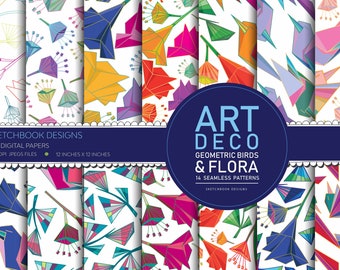 Art Deco Geometric Birds and Flora Digital Paper Pack