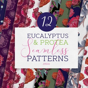 Peut inclure: Douze motifs numériques sans couture mettant en scène des fleurs d'eucalyptus et de protéa dans différentes couleurs et designs. Les motifs sont parfaits pour les projets d'artisanat, de scrapbooking et de design numérique.