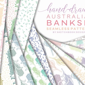 Conjunto de patrones sin costura digital Banksia australiano dibujado a mano
