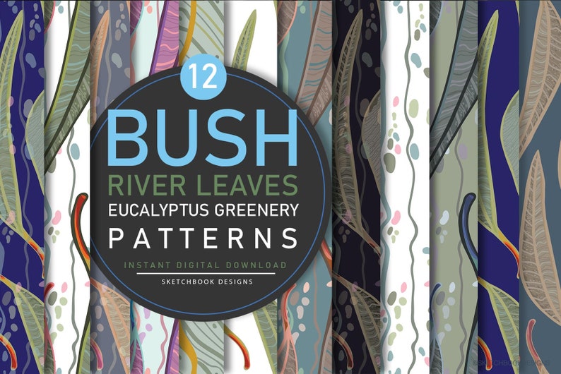 Bush River Leaves Eucalyptus Digital Seamless Pattern Set Instant Download Australian Native Flower patterns printables, Digital Greenery image 2