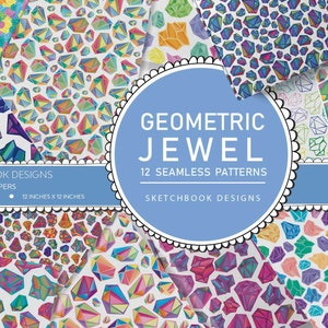 May include: Twelve digital papers featuring geometric jewel patterns in various colours. Each pattern is seamless and measures 12 inches by 12 inches. The papers are 300 DPI JPEG files.