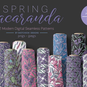 Spring Jacaranda Digital Seamless Pattern Set, summer floral patterns, purple flowers, floral greenery patterns