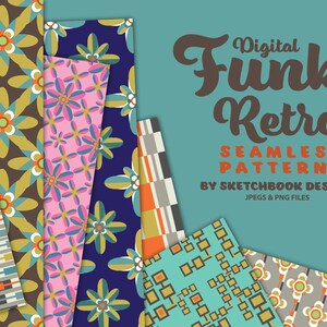 May include: A set of digital seamless patterns in a retro style. The patterns feature geometric shapes, flowers, and plaid designs in a variety of colours, including blue, green, yellow, orange, and brown. The text "Digital Funky Retro Seamless Patterns by Sketchbook Designs" is displayed on the image.