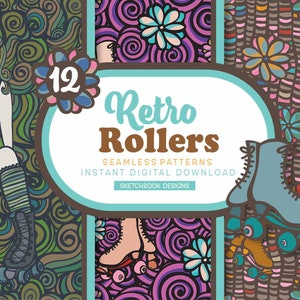 Puede incluir: Doce patrones sin costuras con temática de patines retro en una variedad de colores y diseños. Los patrones presentan remolinos, flores y patines. El texto "Retro Rollers" se muestra en una fuente grande.