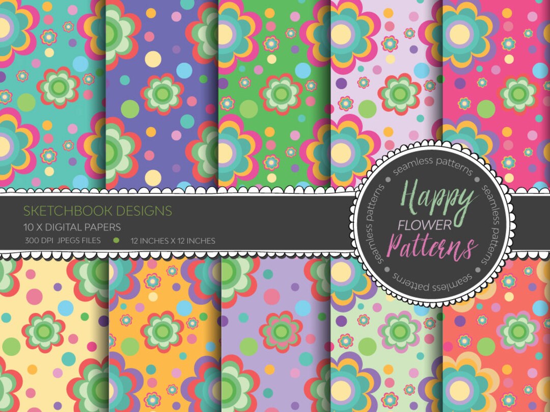 Digital Papers - Happy Flowers Seamless Patterns - Retro Summer Florals ...
