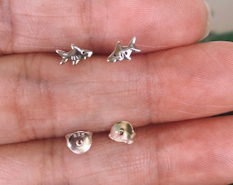 925 Silver Oxidized shark Push-Back Earrings, Tiny  shark studs post earring, cartilage, helix, tragus, sea life jewelry
