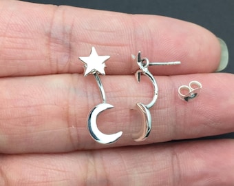 Moon Star sterling silver Earrings,Drop Earrings,hipster earrings,  Drop Earrings, stud, post earring, moon star drop earring,