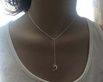 Moon Star and star lariat Necklace, Sterlig silver Moon Necklace, Crescent Moon and star y necklace -  tiny moon star necklace