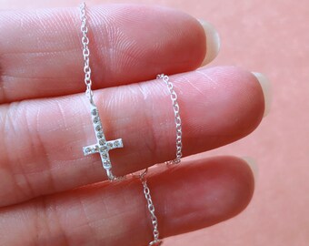 Sterling Silver Bracelet with Crystal - Sideways Cross Bracelet with crystal, Celebrity inspired bracelet, trendy bracelet
