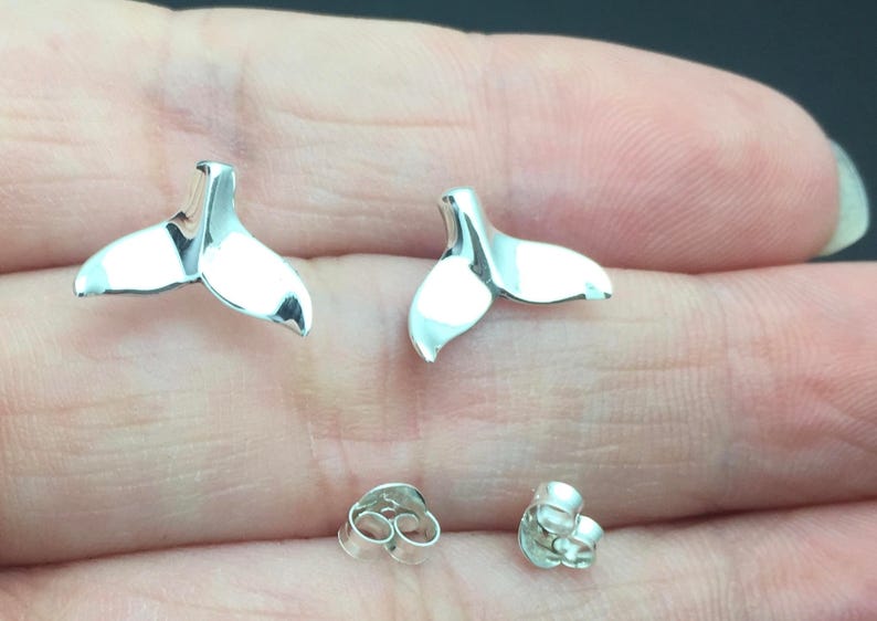 925 Sterling Silver fish studs Earrings, Tiny Sterling Silver Whale Tail Stud Earrings, Nautical Ocean Jewelry, Small Whale Studs image 2