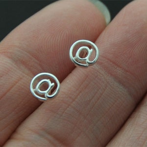 tiny @ sign earrings  stud in sterling silver 925, @ post earrings, twitter stud, post cartilage, helix
