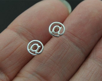 tiny @ sign earrings  stud in sterling silver 925, @ post earrings, twitter stud, post cartilage, helix