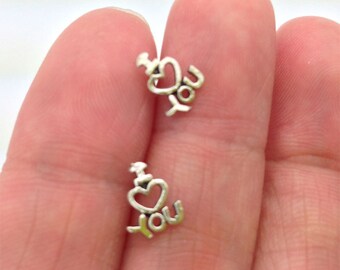 Sterling silver I love you  post earrings - everyday earrings simple and delicate, hippie, modern, simple, Cartilage, Helix. Tragus
