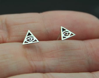 Sterling silver flat Triangle evil eye  stud post earrings, post earrings, triangle stud, cartilage triangle stud, helix, tragus stud