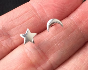 Tiny Sterling Silver Moon Stud Earrings. Tiny Moon and Star Studs.