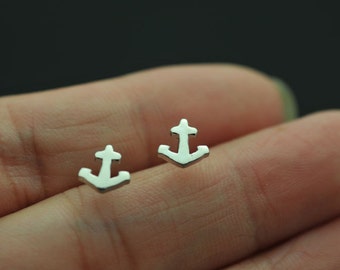 Marine Anchor Cross Sterling Silver Stud Earrings, Anchor Ear Studs, earring, stud, post, helix, tragus