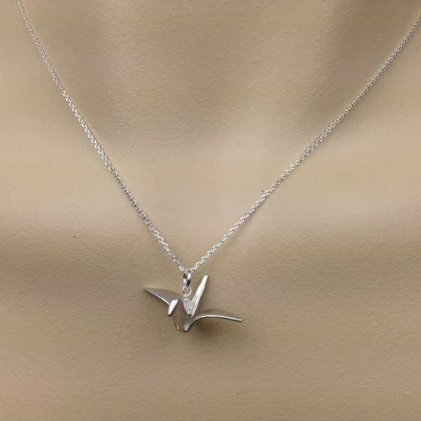 Sterling silver Necklace with Origami Crane Bird Charm Pendant Simple everyday Jewelry