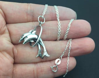 Sterling silver dolphin necklace, dolphin necklace, ocean life necklace, dolphins necklace, everyday necklace