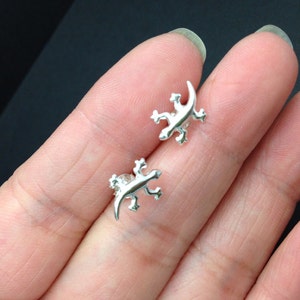 May include: A pair of silver lizard stud earrings. The earrings are small and delicate, and they feature a realistic lizard design.