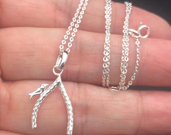 Lucky bone and bird charm necklace, Sterling Silver Necklace, Sterling silver wishbone bird charm, lucky bone, good luck bone charm necklace