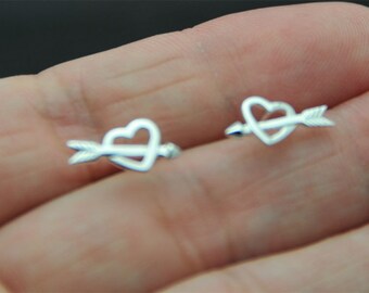 925 Sterling Silver open heart studs  Earrings - Tiny open heart arrow studs  -  mini  open heart arrow studs post earring