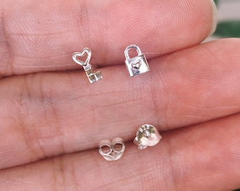 tiny Sterling silver  Silver heart master key and key ear studs, key and lock ear stud