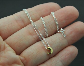 14K Gold plated over sterling silver moon - Dainty All Sterling Silver Crescent moon Necklace -  tiny moon necklace