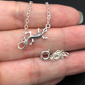 May include: A silver chain necklace with a silver lizard pendant. The chain has a lobster clasp.
