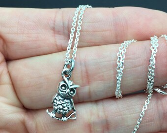 Collar de búho 3D de plata de ley, collar de búho, collar de plata de ley collar de encanto pequeño. Joyas de todos los días, navidad.