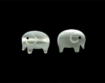 tiny Sterling silver & White Carved Seawater Shell Mop elephant Earring Silver Stud
