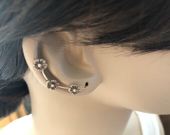 Ear Crawler, sterling silver,  Ear pin, flower bobby pin earring, spiral, flower ear pins, celtic inspiration, Ear Climber