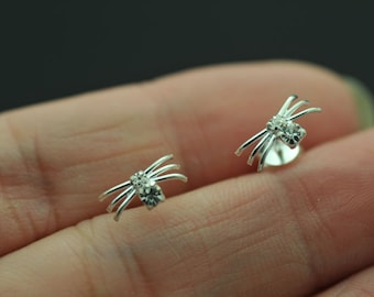 Tiny Sterling Silver Spider Post Earrings with clear cz stone, Silver Earrings, Silver Stud Earrings- Spider Jewelry, cartilage, tragus