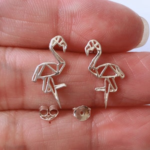 Origami flamingo 925 Sterling Silver Earrings Flamingo Ear Studs zoo Animal sterling silver earrings  spring animals, cartilage stud, helix