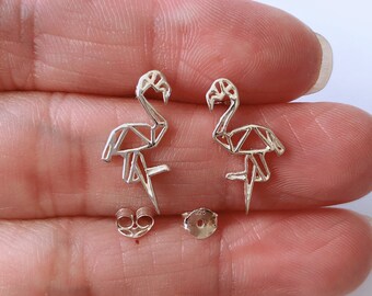 Origami flamingo 925 Sterling Silver Earrings Flamingo Ear Studs zoo Animal sterling silver earrings  spring animals, cartilage stud, helix