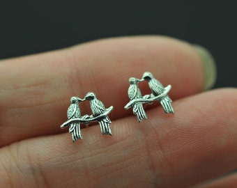 925 Sterling Silver love bird studs  Earrings - Tiny Love Bird  studs -  mini double bird studs post earring