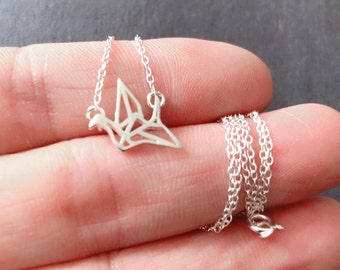 Collar de plata de ley con colgante con dije de pájaro y grulla de origami, joyería sencilla para el día a día