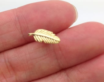 14K - Gold Vermeil feather Stud Earrings - Tiny Leaf Studs - leaf post earring - Feather Cartilage, Tragus, Helix