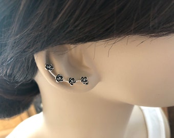 Ear Crawler, sterling silver,  Ear pin, flower bobby pin earring, spiral, flower ear pins, celtic inspiration, Ear Climber