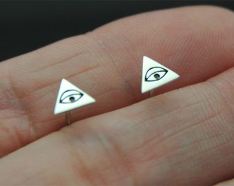 Sterling silver flat Triangle evil eye  stud post earrings, post earrings, triangle stud, cartilage triangle stud, helix, tragus stud