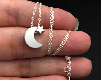 Dainty Moon star charm, Sterling Silver Moon Star Necklace - wishing star, tiny stars necklace, moon necklace