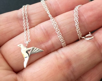 All Sterling silver Necklace with Origami Crane Bird Charm Pendant Simple everyday Jewelry