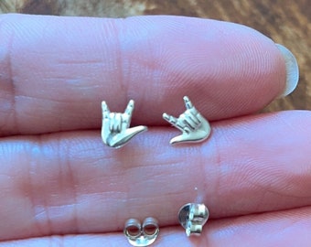 Extra Small Sterling Silver Hamsa Hand Earrings -  Stud Earrings - Silver Stud Earrings, Hamsa Hand Post Earrings, Hamsa jewelry, I love you