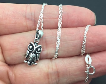 Sterling Silver 3D Owl Necklace, Owl Necklace, Sterling Silver Necklace Tiny charm Necklace. Everyday Jewelry, christmas
