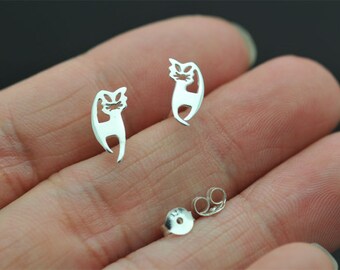 little cat studs, kitten sterling silver stud earrings post earrings Easter studs kids jewelry cute studs  - spring studs