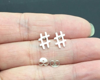 Sterling Silver Earrings, Silver Hashtag Stud Earrings - Twitter Earrings - Hash Symbol Studs - Sterling Silver, cartilage, helix