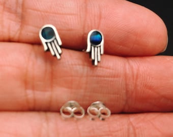 Sterling Silver Hamsa Hand Earrings with Abalone Dark Blue Hamsa Stud Earrings, Stud Earrings, Hamsa Hand Post Earrings, Hamsa jewelry